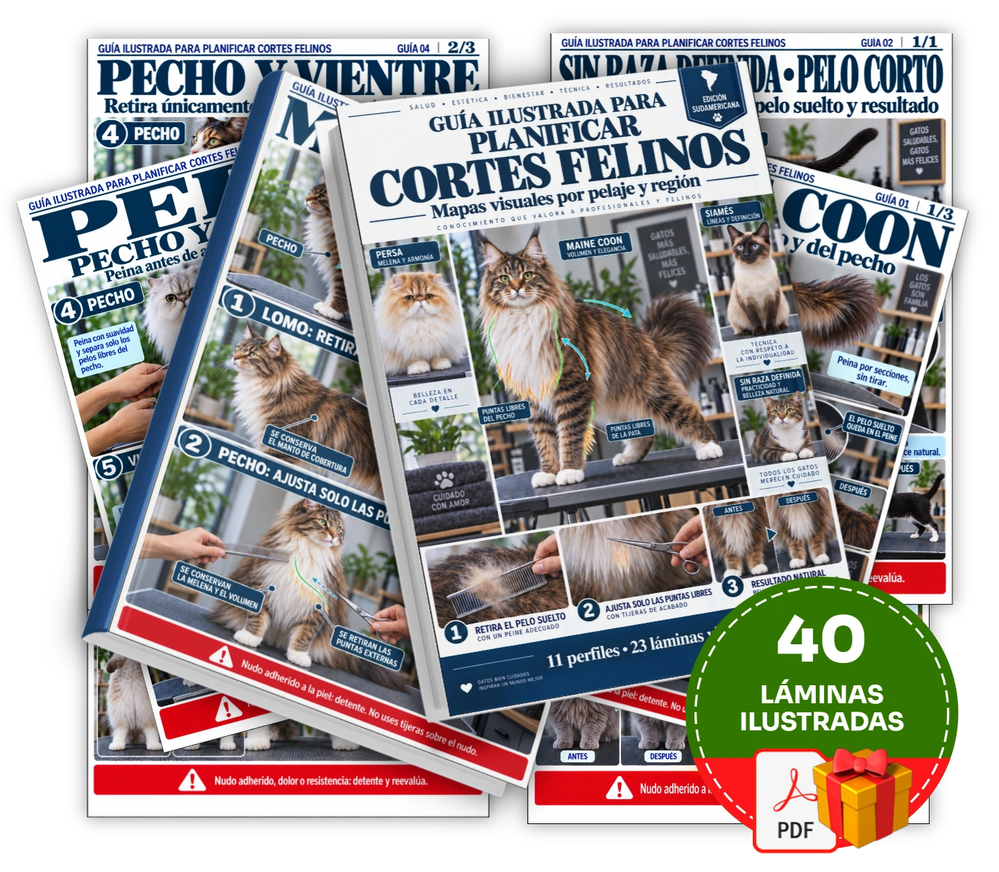 40 láminas ilustradas para planificar el contorno de cortes en gatos según el pelaje observado.